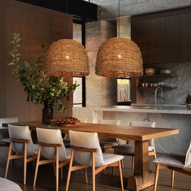 Arturesthome 19.68" Rustic Pendant Light for Kitchen Island,1 Light Boho Pendant Lampshade Wicker Farmhouse Chandelier for Dining Room Hallway Foyer