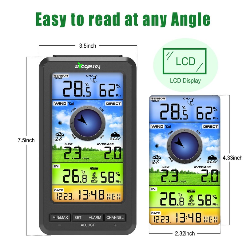 Urageuxy Wireless WiFi Weather Station Anemometer with Solar Wind Speed/Direction,