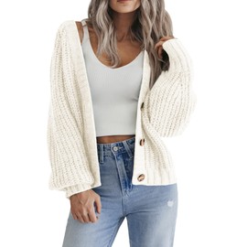 Hotouch Cardigan Women's Short Knitted Cardigan V-Neck Button Down Open Front Sweater, Elegant, Casual Shoulder Jacket, Top, White
