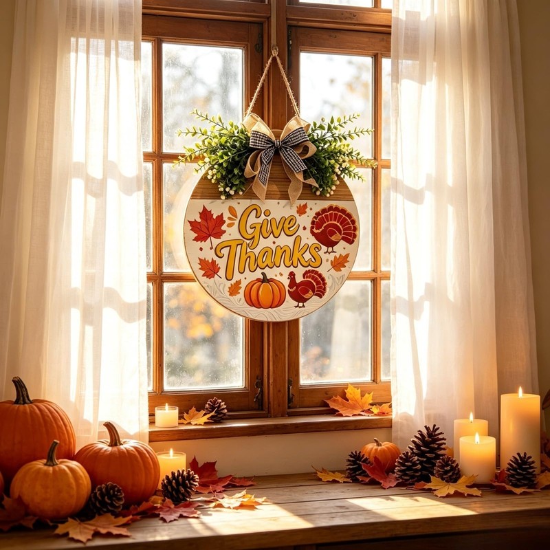 12 Inch Thanksgiving Wooden Wreath Sign, Give Thanks Front Door