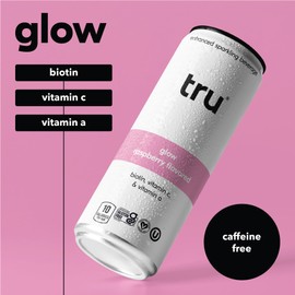 Tru Glow Seltzer, Sparkling Water with Biotin, Vitamin C, Vitamin A & Real Raspberry Juice, Sweetened with Monk Fruit & Stevia, Gluten Free, Vegan, Caffeine & Sugar Free, 12 FL OZ Cans, 12 Pack