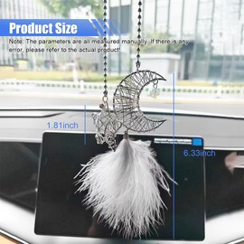 DUSCOKE Iron Star and Moon Car Hanging Ornament with Feather Pendant – Dangling Rearview Mirror Accessories for Home/Car Decoration, Cute Lucky Rear View Mirror Charm for Women & Men (Grey)