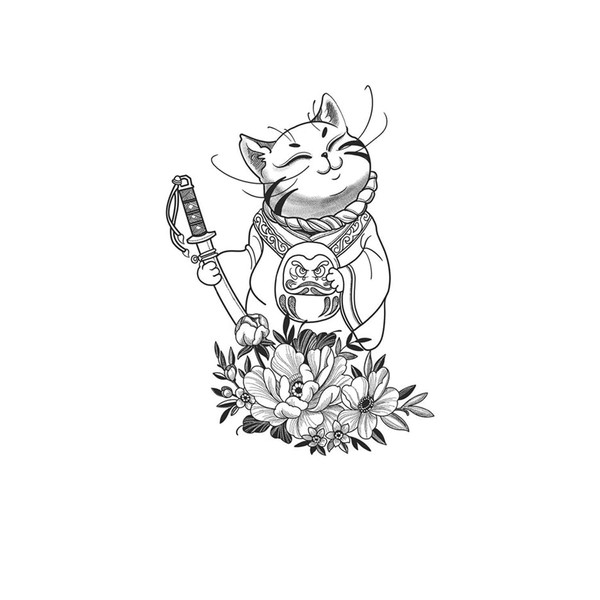 kobench Temporary Tattoos,Cat Holding Knife On Flowers - K157 Design,Waterproof,Easy-to-Apply,Long