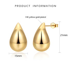 wynn's Chunky Gold Earrings for Women, Thick Gold Hoop Earrings for Girls, Chunky Teardrop Gold Hoops│Silver Gold Plated Waterdrop Hollow Hoops Earrings Jewellery, 2.1cm Drop Gold Stud Earrings