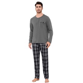 Irdcomps Men's Long Pyjamas Cotton Two-Piece Sleepwear Set Men Winter Crew Neck with Chest Pocket, gray, XL