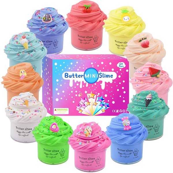 12 Fluffy Butter Slime Kits with 12 Mini Cute Charms, Cute Slime Party Gift, Super Soft and Non-Stick, Stress Relief Toy for Girls and Boys