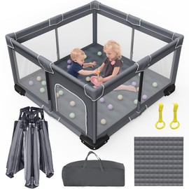 Grobeybees Foldable Baby Playpen with Mat, Foldable Playpen for Babies and Toddlers, Folding Portable Kids Play Pen, Collapsible Play Yard with 2 Handles + Suitable Size Mat(Grey, 50x50 inches)