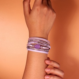 Leather Wrap Bracelet Boho Cuff Bracelets Crystal Bead Bracelet with Clasp Jewelry Gifts for Women(14.7", Amethyst)