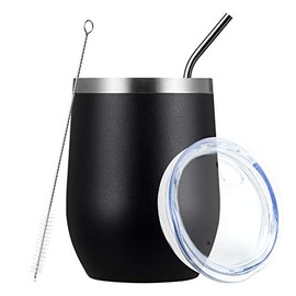 MEWAY Stemless 12oz Wine Tumbler Glasses with Lid -Insulated Double Wall Vacuum Stainless Steel Travel Tumbler with Straw,Gift for Woman Under 10 dollars(Black,1)