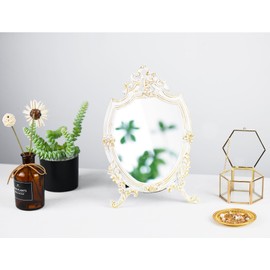 Eaoundm Resin Frame Decorative Wall Mirror Makeup Mirror Tabletop Mirrors, for Bedroom Living-Room Dresser Decor 8.2W x 13 L inchs (White)