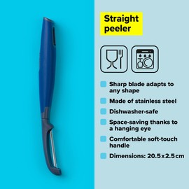 Tasty Stainless Steel Straight Swivel Peeler with Soft-touch Handle, Fruit & Vegetable Slicer Peeler, Potato Peeler with Finger Guard, Dishwasher Safe, Colour: Stainless Steel, Dark Grey & Blue