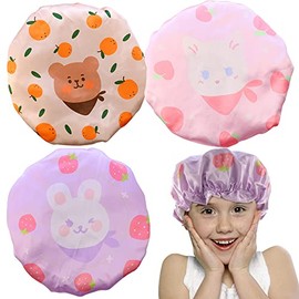 TCOTBE 3 gorros de ducha para niños, estampados de conejos de doble capa, gorros de ducha para niños, sombreros de baño reutilizables de dibujos anima