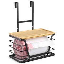 CACHOLIV Small Trash Bag Holder - Compact Garbage Bag Holder with Stackable Bamboo Top, Adjustable Hooks for Kitchen/Laundry Room Cabinet Door - Suitable for Small Size Roll