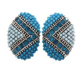 Boho Style Blue/Teal/Light Blue Beaded Oval Stud Earrings/ 25mm Long