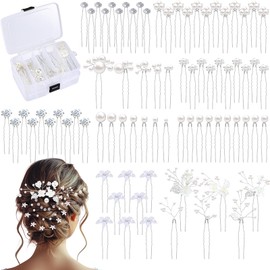 Liliaafar 80 Pieces Wedding Hair Pins for Bridal with 2 Storage Boxes Multi-style Handmade Bridal Hair Accessories Flower Pearl Rhinestone Bobby Pins U Clips for Wedding Brides Bridesmaid Women Girls