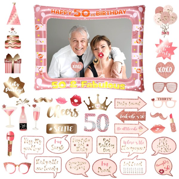 Newthinking 50th Birthday Photo Booth Props, Rose Gold Inflatable Selfie Frame Funny DIY Birthday Party Props for 50th Birthday Party Supplies Decoration