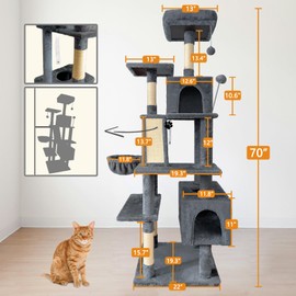 Pempet 70" Cat Tree Tower for Indoor Cats, Multi-Level Cat Tower Condo with Sisal Scratching Post (Dark Gray)