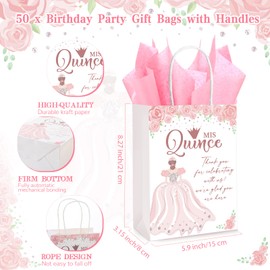 Geyoga 50 Sets Quinceanera Party Favors for Guests 15 Years Birthday Party Gift Bags with Handles Quinceanera Gifts Bags and Pink Tissue Paper Sweet 16 Party Favors for Guests Party Supplies