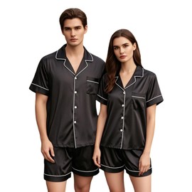 Urkutoba Summer Matching Satin Pajamas Sets Couple Short Sleeve Button Down Silk Pjs Set Family 2 Pieces Sleepwear Suits ((#1-Men, Medium)