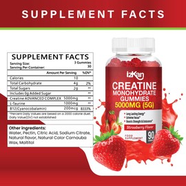 Creatine Gummies 5000mg (5G) for Men & Women - 90 Chewable Creatine Monohydrate Gummies Strawberry Flavoured | Pre Workout Gym Supplement| Muscle Boost| 3 Per Day - Vegan & Halal (1X)
