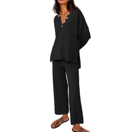 BUNSLOOM Women's 2 Piece Outfits Oversized Knit Loungewear Loose Slouchy Pullover Set Autumn Trendy Matching Lounge Sets, black