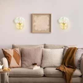 Mkono Wall Decor with White Artificial Hydrangea Flowers and Fairy Light 2 Packs Glass Wall Planter Vase Modern Wall Sconces for Living Room Bedroom Kitchen Home Office Farmhouse Decoration