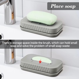 2-in-1 Silicone Soap Holder & Brush Set with Built-in Soap Saver Compartment, Includes a leak-proof soap tray+body brush, Unbreakable&Noise-Free, Soap Dish with Soft Brush, Brush with Soap Dish (grey)