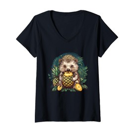 Womens Pineapple Hedgehog Wildlife Drawing Fruit Animal Lovers V-Neck T-Shirt