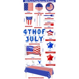 255PCS 4th of July Decorations Patriotic American Flag Party Supplies,Set of 60 Plates,30 Straws,30 Napkins,30 Paper Cups and 90 Plastic Utensils,14 Balloons,Tablecloths for Red White Blue Decoration