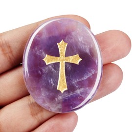 YATOJUZI Worry Stone for Anxiety Amethyst Thumb Pocket Stone Natural Crystals and Healing Stones Hand-Carved Crucifix Cross Crystal Gemstones for Stress Relief Prayer Guard Meditation