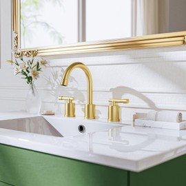 Phiestina Brushed Gold Widespread 8 Inch Bathroom Faucet，3 Holes 2 Handles Modern Bathroom Sink Faucet with Metal Pop-Up Drain & Water Supply Line,WFZY01-BG
