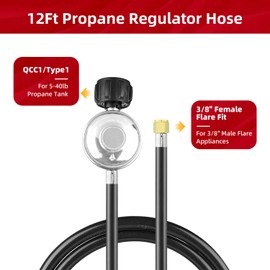 12 FT Propane Regulator, Universal QCC1 Low Pressure Propane Hose with Regulator for Most LP Gas Grill, Patio Heater, Fire Pit and More, 3/8 Inch Female Flare Nut