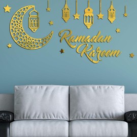 KYMY Eid Mubarak Wall Stickers, Islamic Muslim Arabic Clings, Ramadan Acrylic 3D Mirror Shinning Wall Decals, Hajj, Eid Al Adha Home Room Decorations