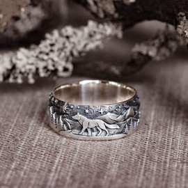 GTHIC Alloy Loyal Wolf Pattern Embossed Couple Rings Engagement Rings for Men Women Anniversary Valentine's Day Gift - Size: 7