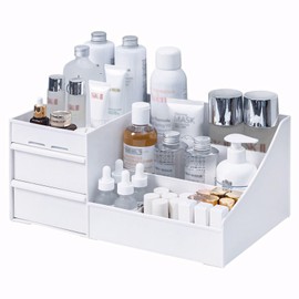 Retoo Make Up Organiser Cosmetic Storage Box 2 Drawers Dressing Table Makeup Storage for Bedroom Bathroom 26.5 x 16 x 11.8 cm White