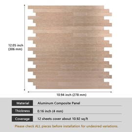 Peel and Stick Backsplash for Kitchen, Brushed Aluminum Copper Backsplash Metal Stick on Wall Tile (12 Sheets)