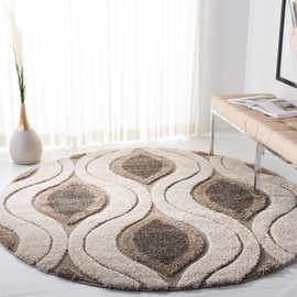 Safavieh Florida Shag Collection SG461 Modern Ogee 1.2-inch Thick Area Rug, 5' x 5' Round, Cream / Smoke