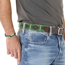 PELPE Argentine Leather Belt with Matching Cord and Leather Wristband Embroidered Leather Belt for Men and Women Argentine Polo Belt, Green-Beige
