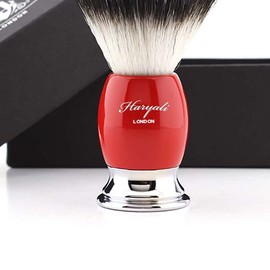 Round Shaving Brush Shiny Metal Base 100% Synthetic Silver Tips Red
