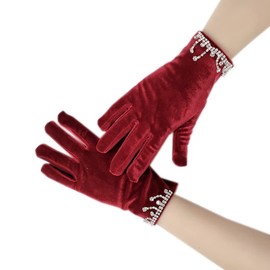 Instiqueo Velvet Women's Opera Evening Party Gloves with Beads - Bridal Wedding Gloves Red