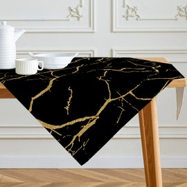 Tablecloth Black and Gold Middle Runner Modern Tablecloths with Marble Texture Abstract Linen Table Decoration for Indoor Kitchen Winter Spring Holidays Party Decor 100 x 100 cm