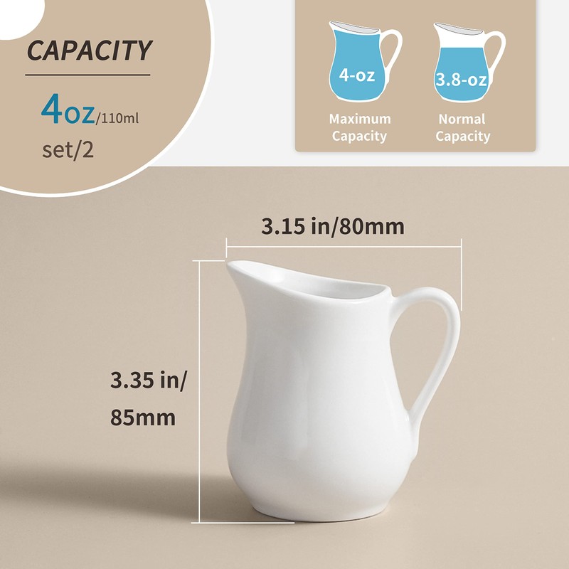 2 Pack 4 Oz Classic White Ceramic Small Creamer Pitcher