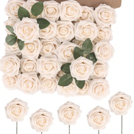 MACTING 60pcs Artificial Rose Flowers, Real Touch Fake Flower with Stems, Foam Roses Bouquets Wedding Party Baby Shower Home Decorations(Cream)