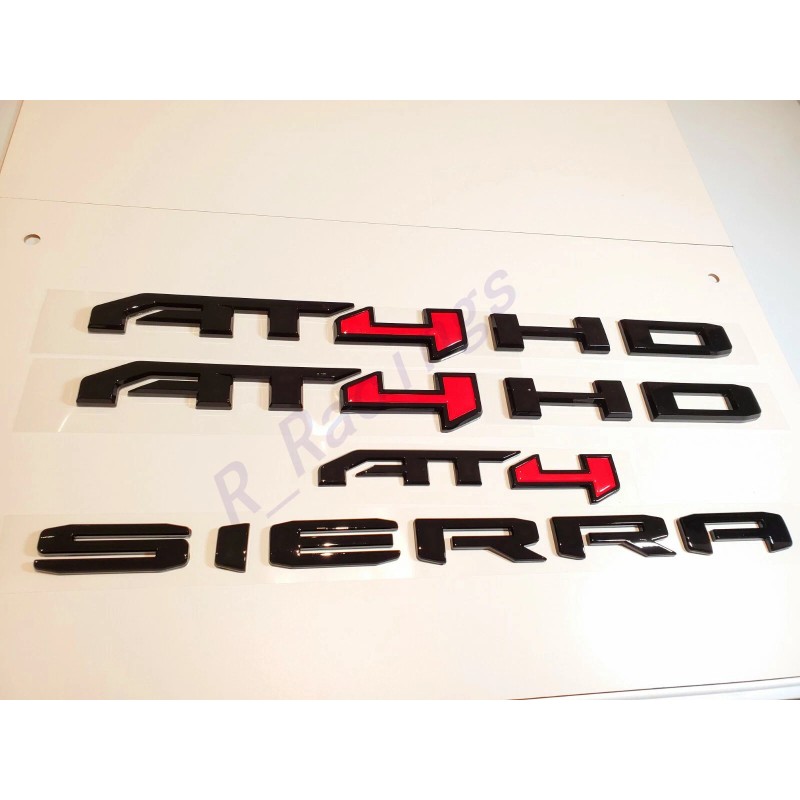 GMC 4PCS Gloss Black Red AT4 HD Emblems Sierra Letters