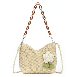 EVEOUT Straw Shoulder Bags Women's Summer Chic Woven Shoulder Bags Boho Crossbody Straw Bag with Shoulder Chain Rattan Straw Basket Bag, beige