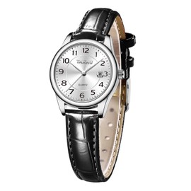 Taxau Womens Watches Black Leather Band White Dial with Day Date Silver Watches for Women Quartz Small Face Classic Arabic Numerals Waterproof Reloj Mujer