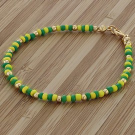 Gold Plated Green and Yellow Beaded Babalawo Unisex Orula Bracelet 8" - In Season Jewelry Beaded Orula Bracelet for Adult Men and Women