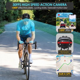 Adult Bike Helmet with Bluetooth,Camera Smart, Warning Lights and Rear Turn Signal, 1080P HD Video, Included 64GB Card, Bluetooth Phone and Music, GPS Track Recording, Black