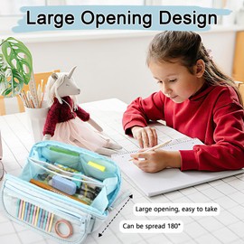 Large Pencil Case, Big Capacity Pen Case, Simple Pen Bag, Stationery Organizer 9-Layer Storage, Desk Aesthetic Pencil Pouch Expandable for Teenagers School Office Makeup (Blue)