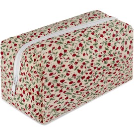URSKYTOUS Cotton Floral Large Cosmetic Bag Flower Puffy Cute Makeup Organizer Coquette Aesthetic Travel Makeup Pouch Portable Zipper Toiletry Storage Bag for Women Girls (Red)